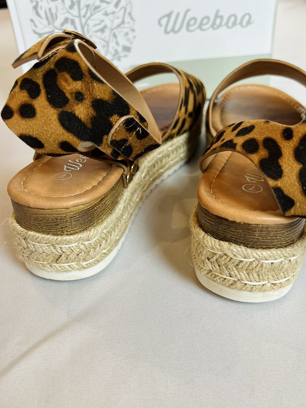 WEEBOO Leopard Ankle Strap Open Toe Platform Espadrille Wedge Sandals Sz 7
