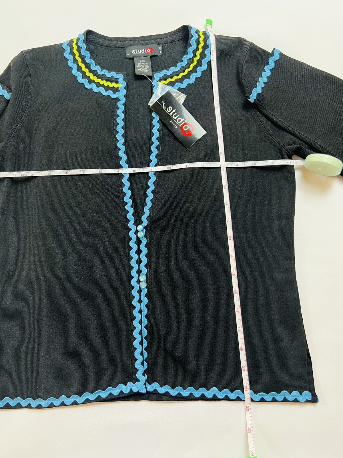 Studio G Women's Cardigan Black Blue Trim Sweater Sz Petite S Top