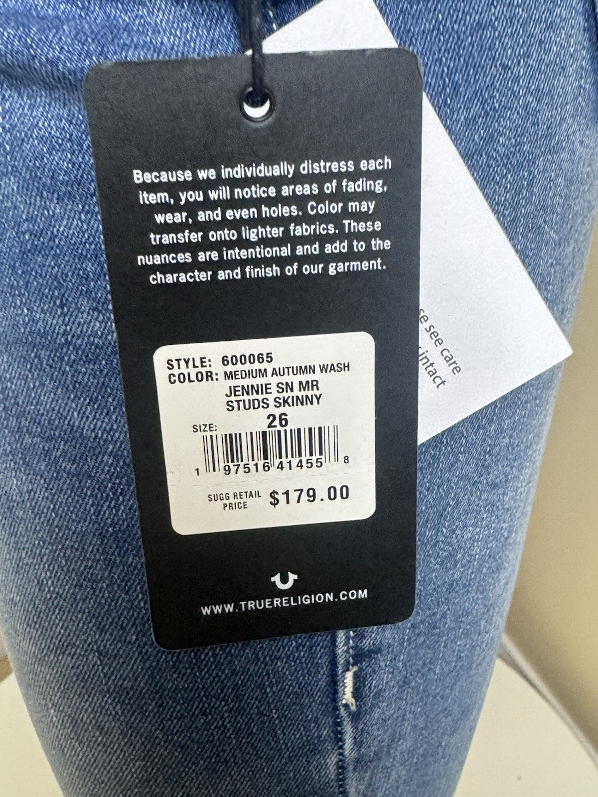 $179 True Religion Women’s Jennie Jeans Studs Skinny Sz 26. (B.156)