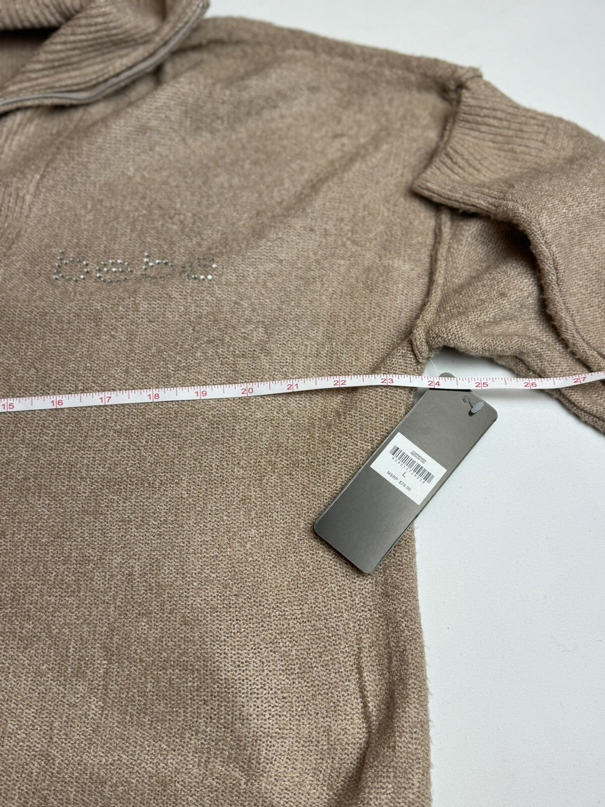 Bebe Size L Long Sleeve Fuzzy Rhinestone Logo Nude Beige Sweater (70)