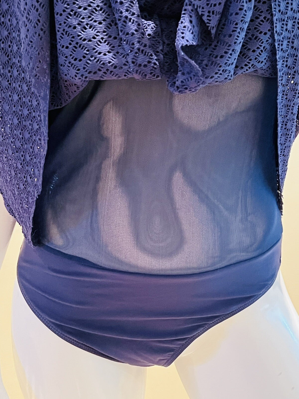 $98 Nicole Miller One Pc Swimsuit Navy Blue net Sz M swim dress Bathing suit