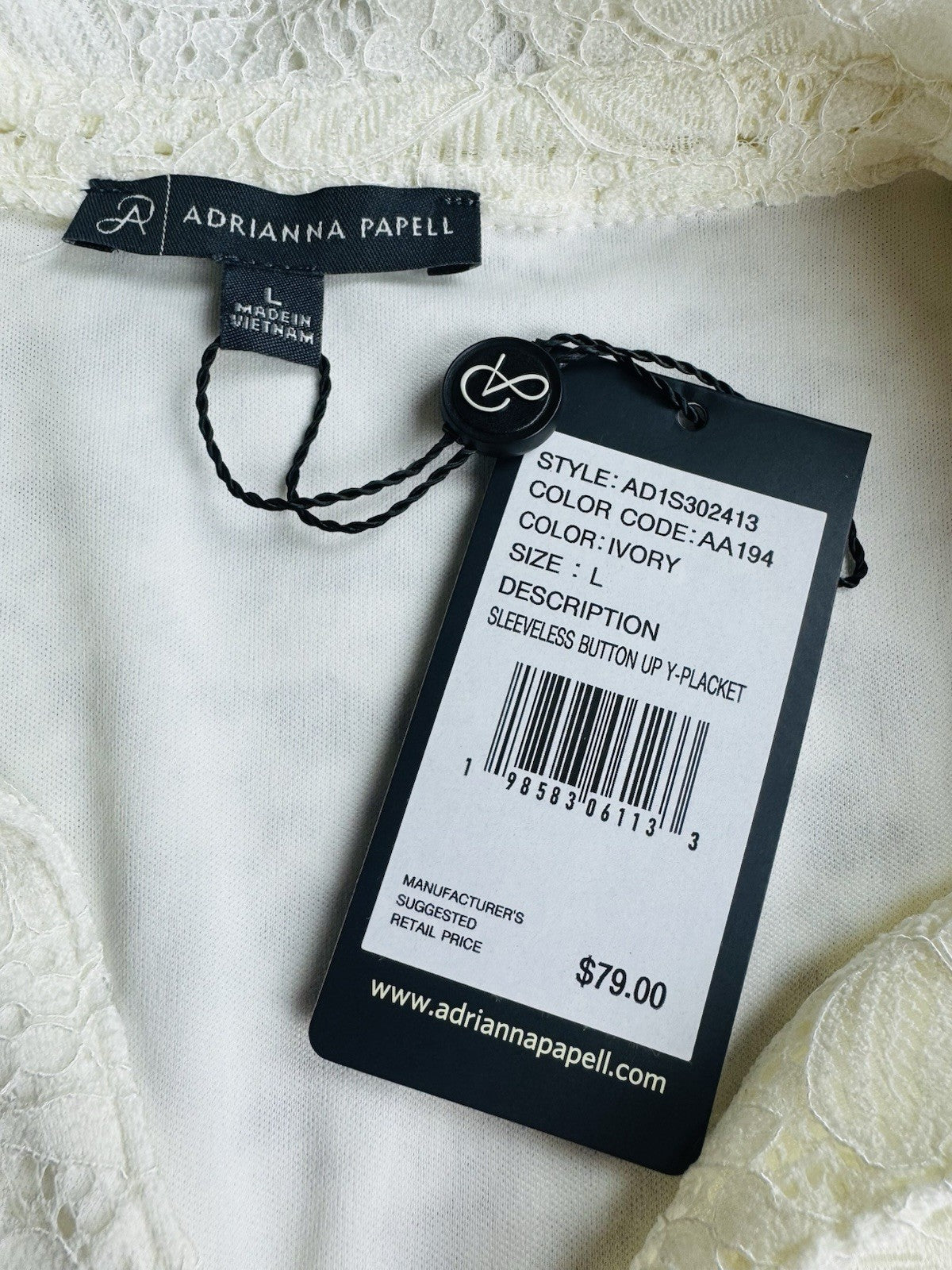 $79 Adrianna Papell Lace Ivory Blouse Sz L. (B.175)