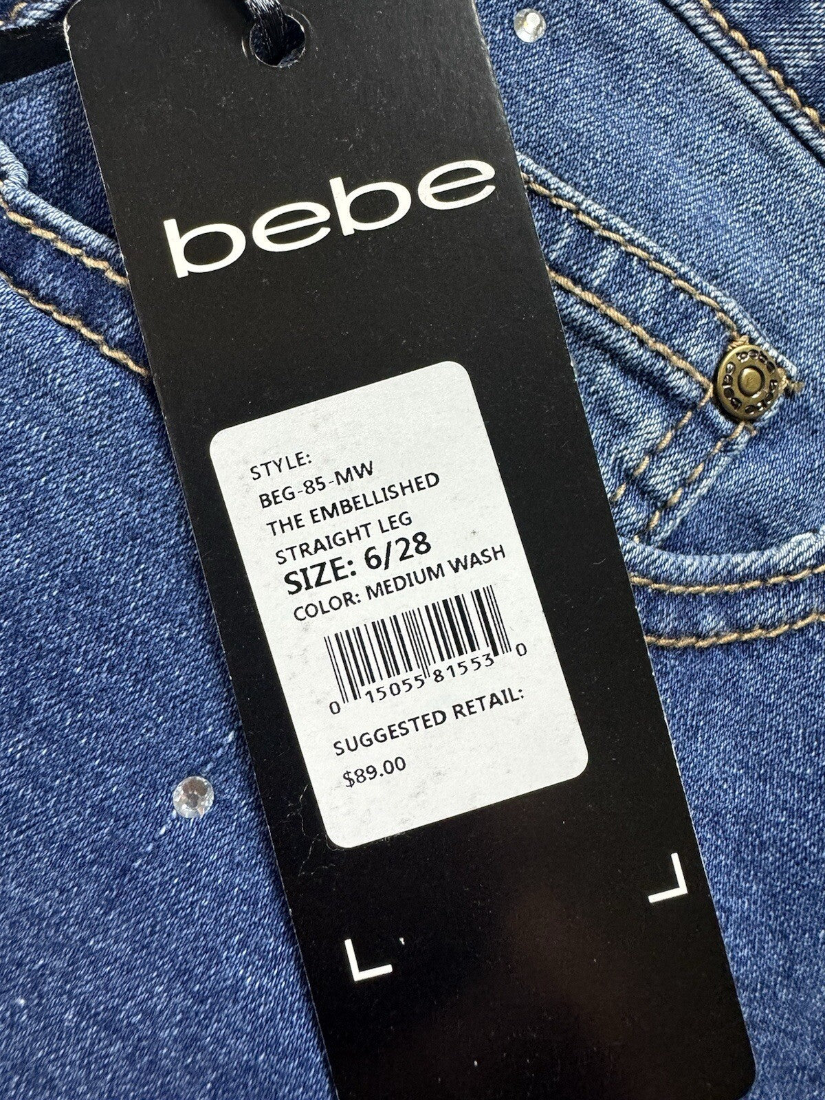 $89 Bebe Rhinestone Blue Jeans Women's Sz 6/28. (B.116)