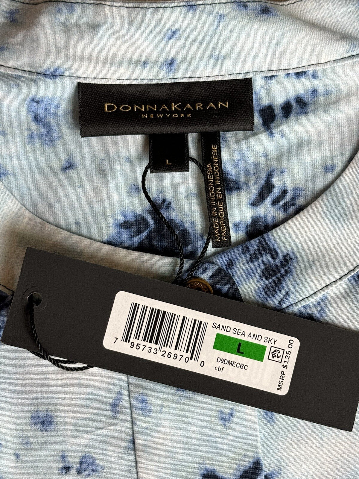 Donna Karan Women's New York Shirt Sz L Sand Sea and Sky Top Blouse Blue ((68)