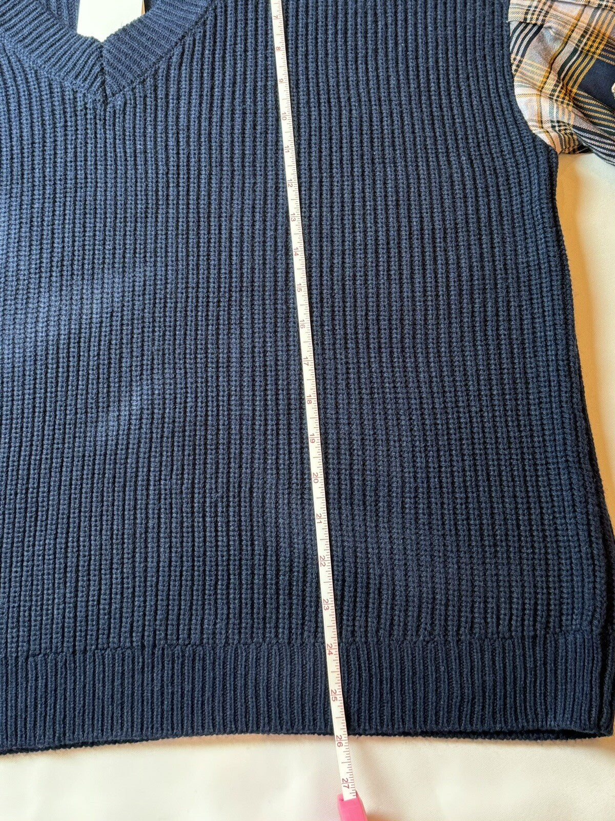 Jessica Simpson Women's Navy Sweater Plaid Sleeves Size L (55)