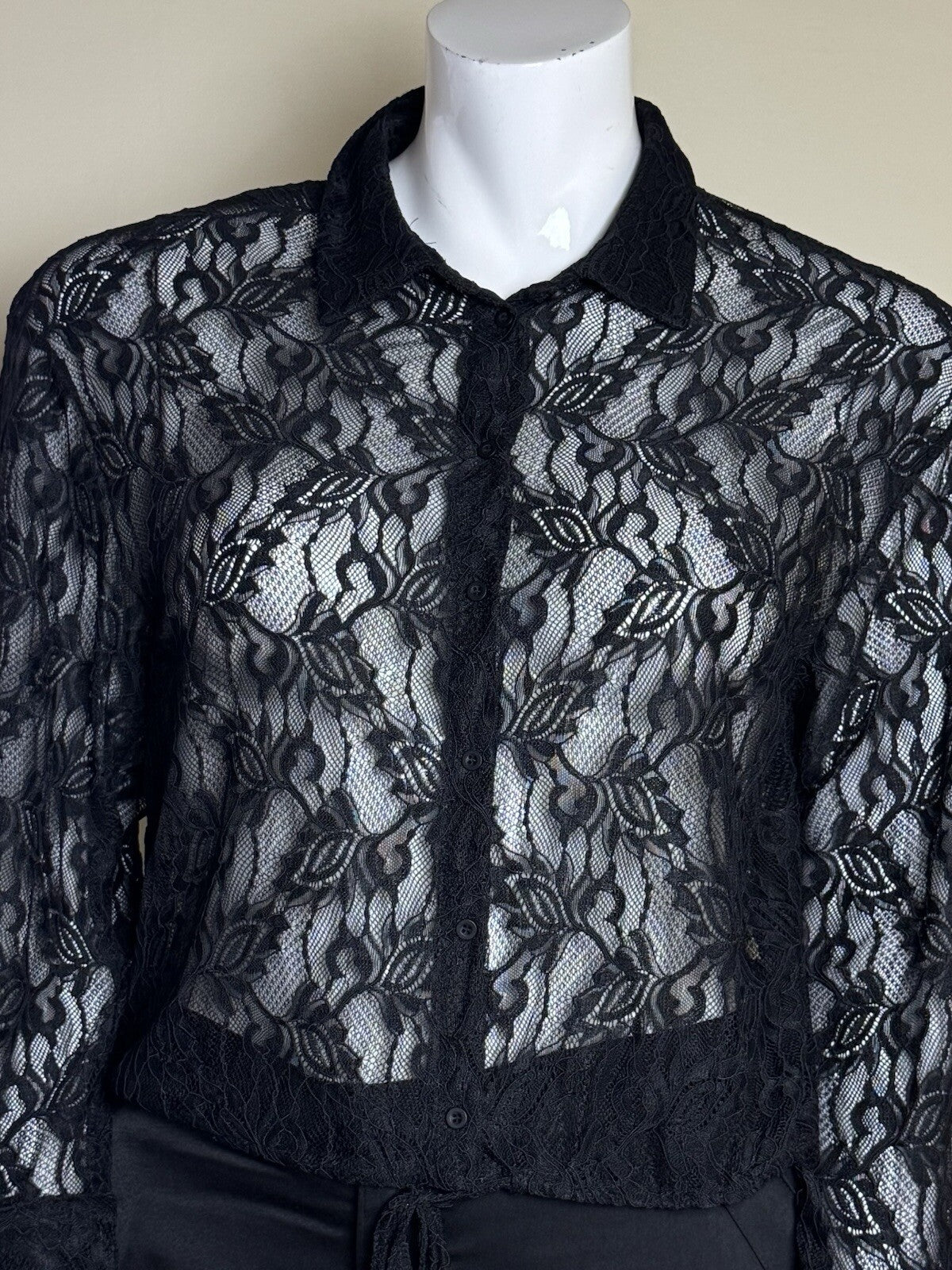 $89 Adrianna Papell Black Lace Long Sleeve Blouse Sz L. (B.138)
