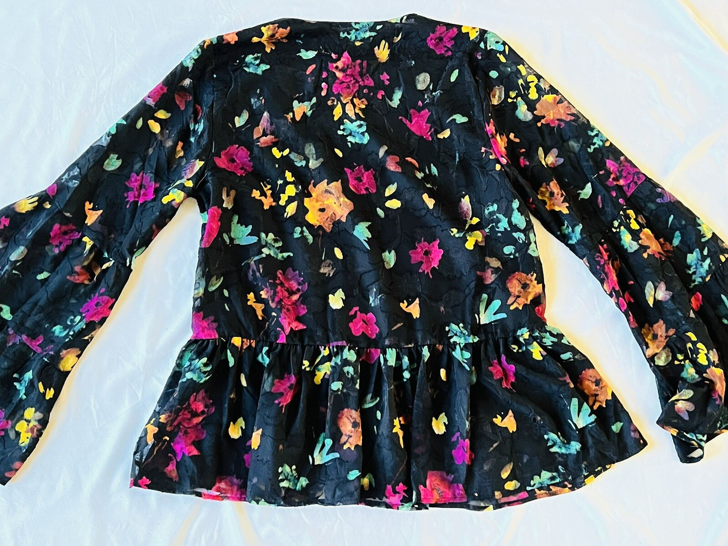 Beige By Eci Black Floral Embossed Blouse Top Sz S Bell Sleeve