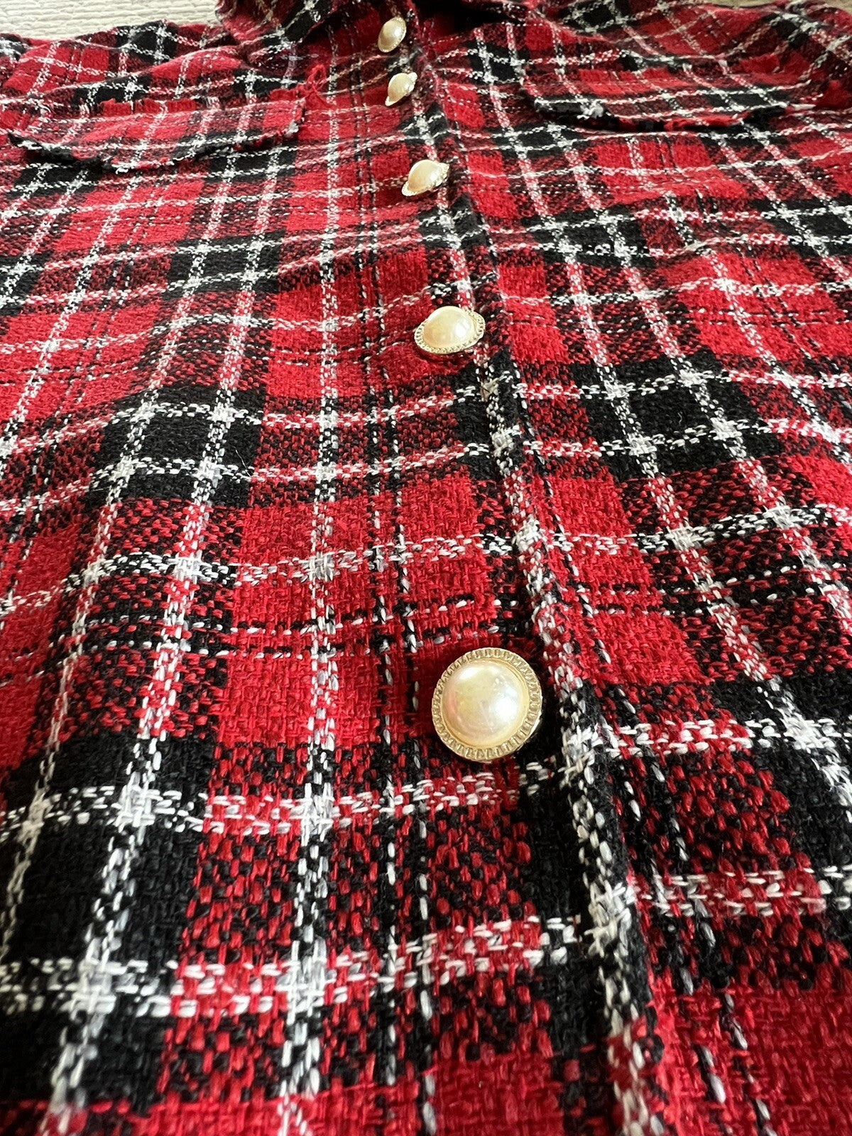 MadRag Women’s Plaid Shirt Coat Sz M Pearls Button