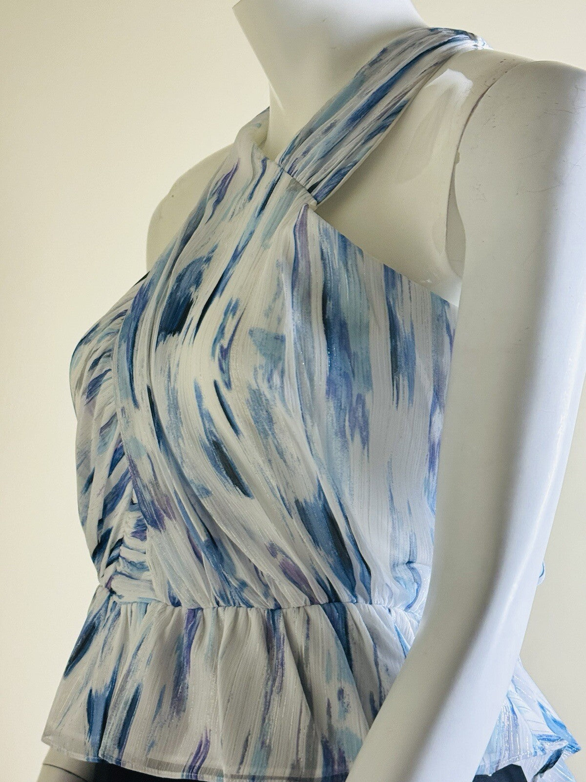 $89 DKNY Women's Blouse Blue White Top Sz L (B.80)