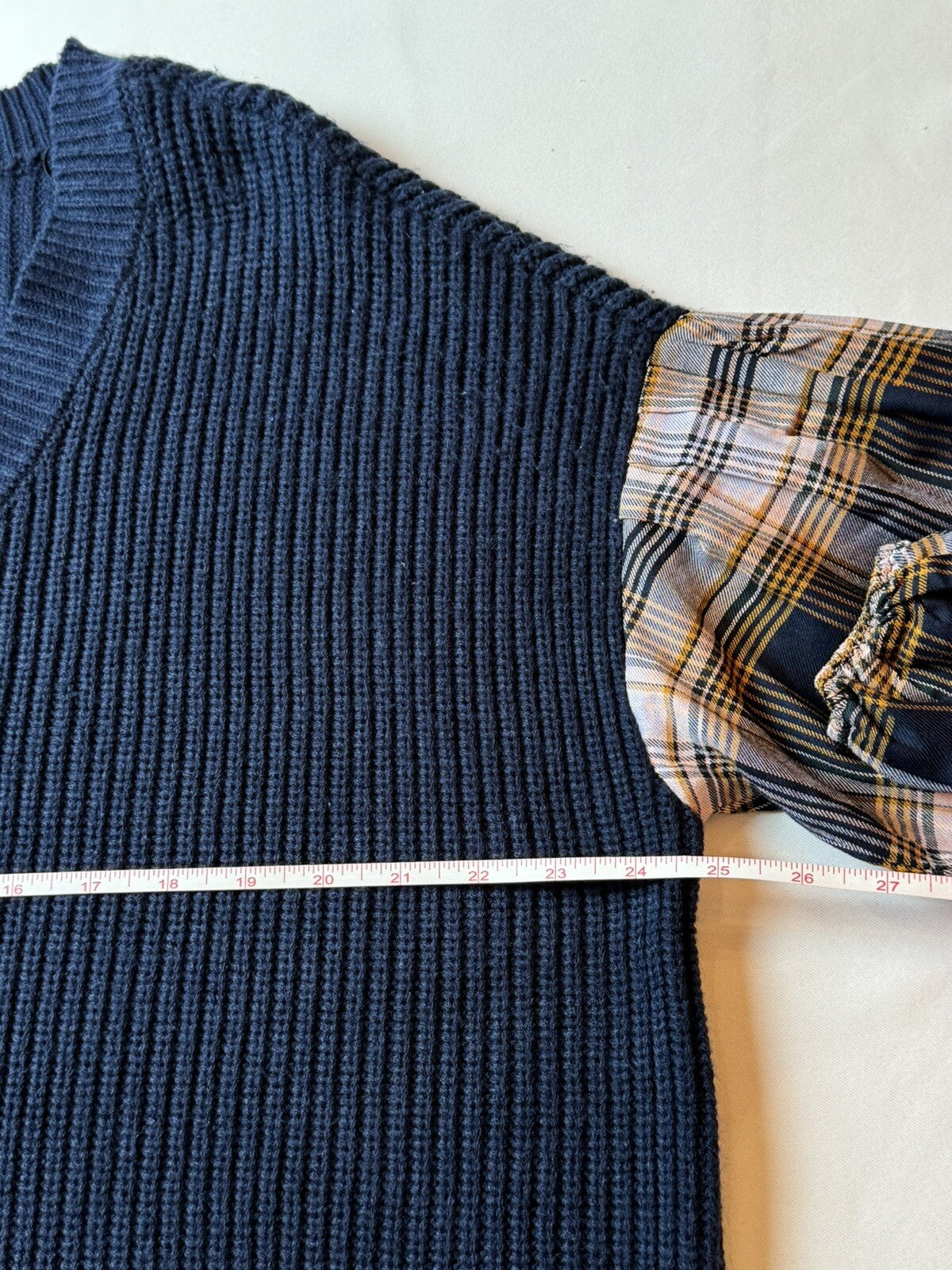 Jessica Simpson Women's Navy Sweater Plaid Sleeves Size L (55)