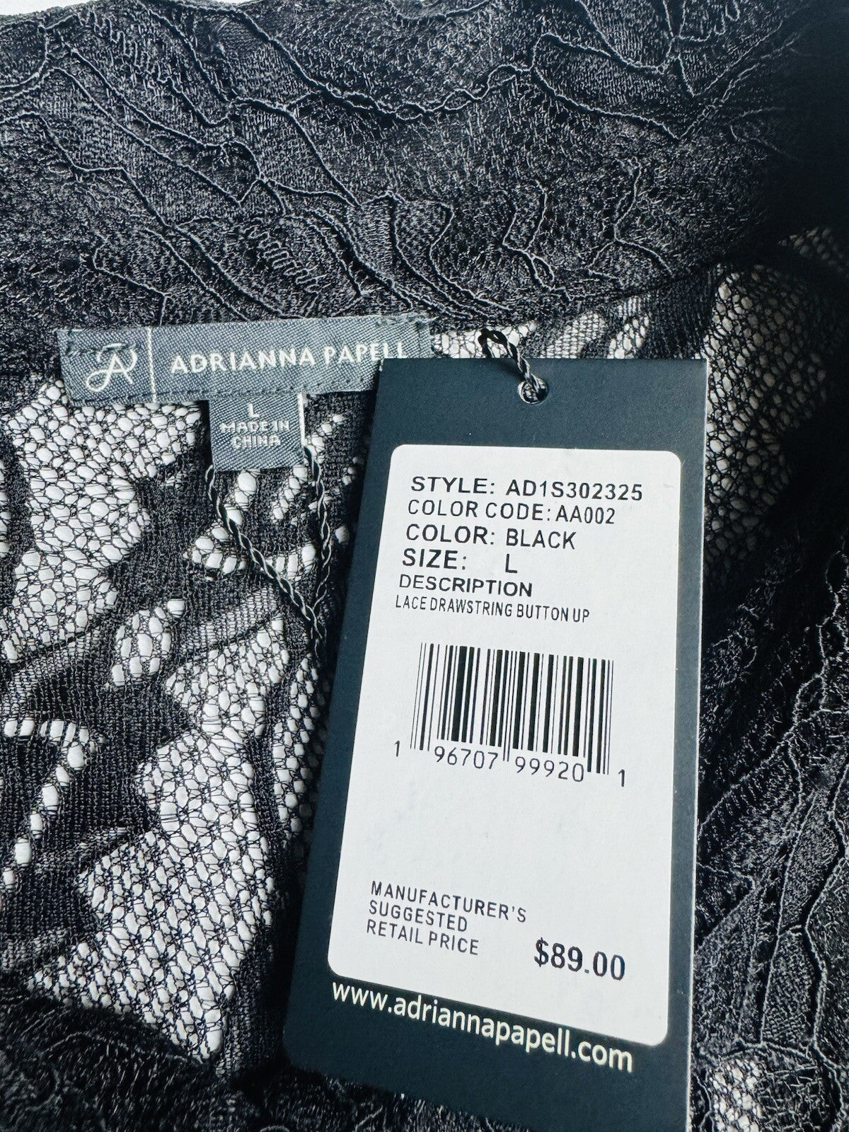 $89 Adrianna Papell Black Lace Long Sleeve Blouse Sz L. (B.138)