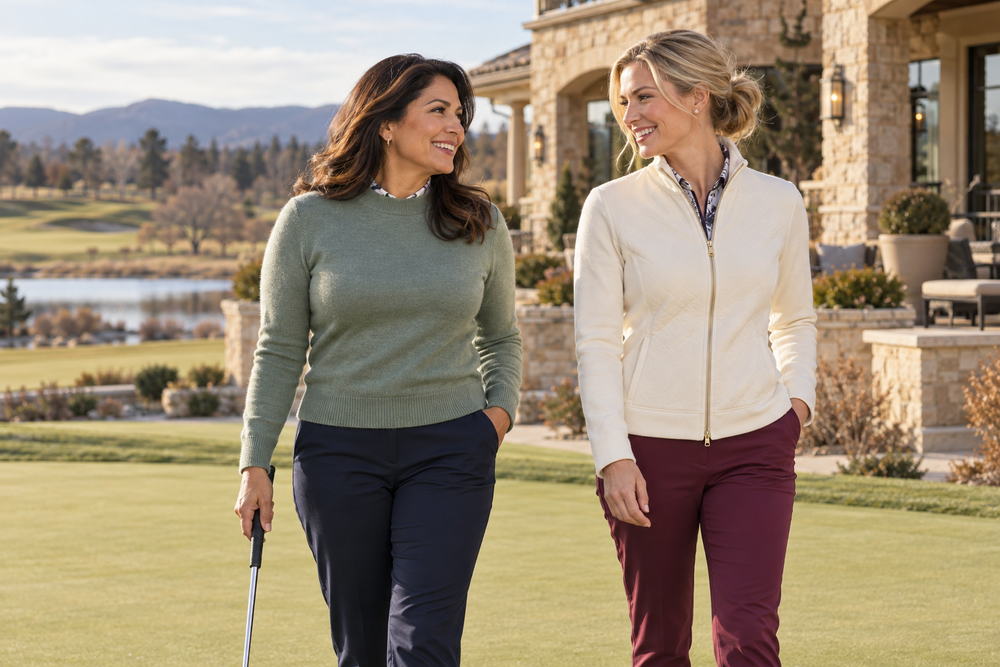 Women golfers in sage and cream layers outside a clubhouse
