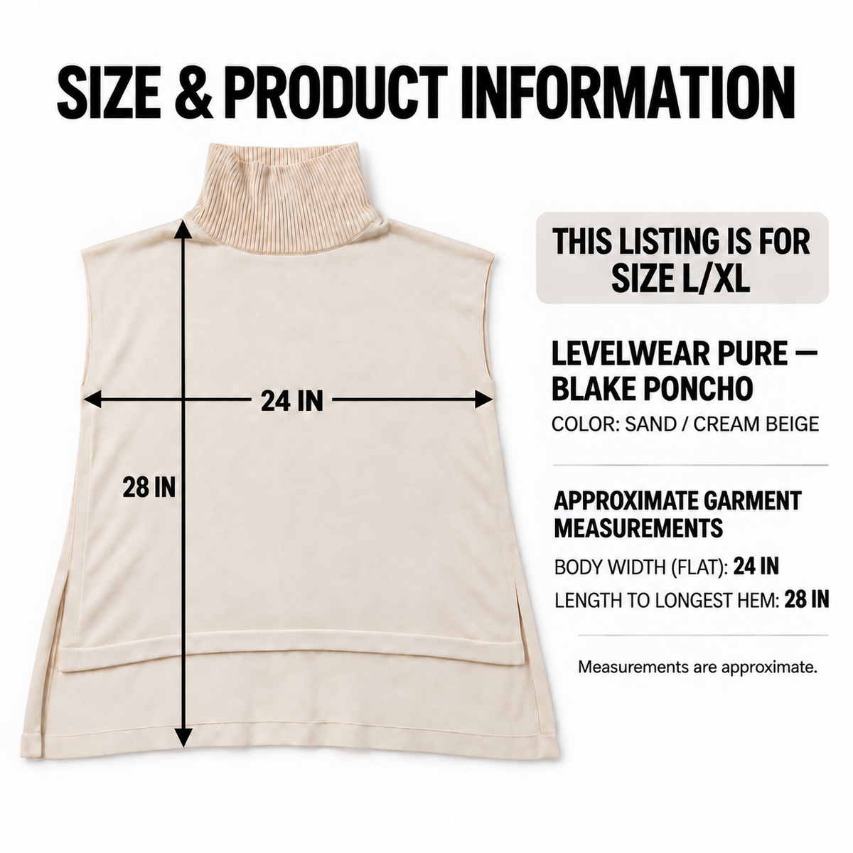 LevelWear Blake poncho size L XL product information and approximate measurements