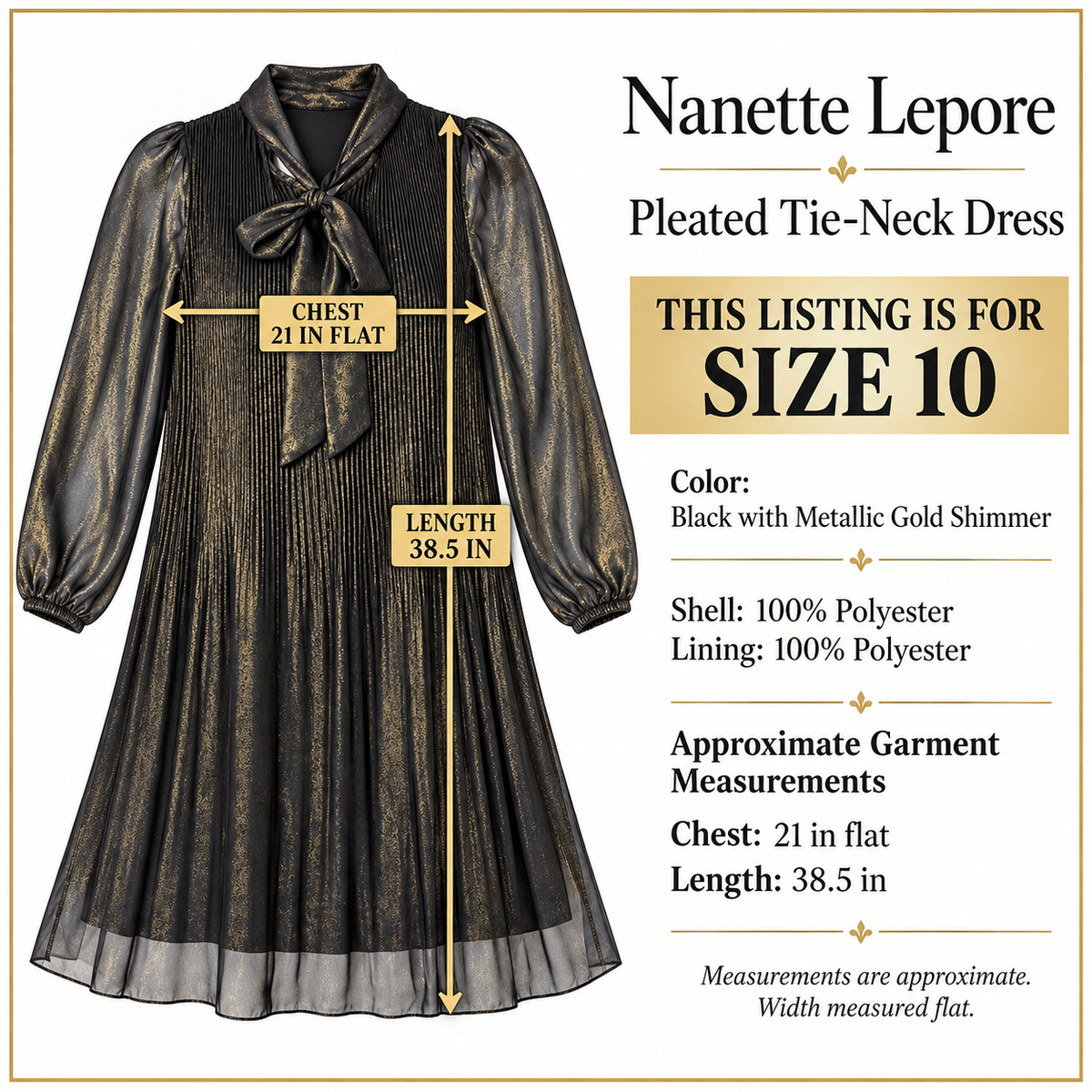 Nanette Lepore size 10 dress product information with 21 inch flat chest and 38.5 inch length