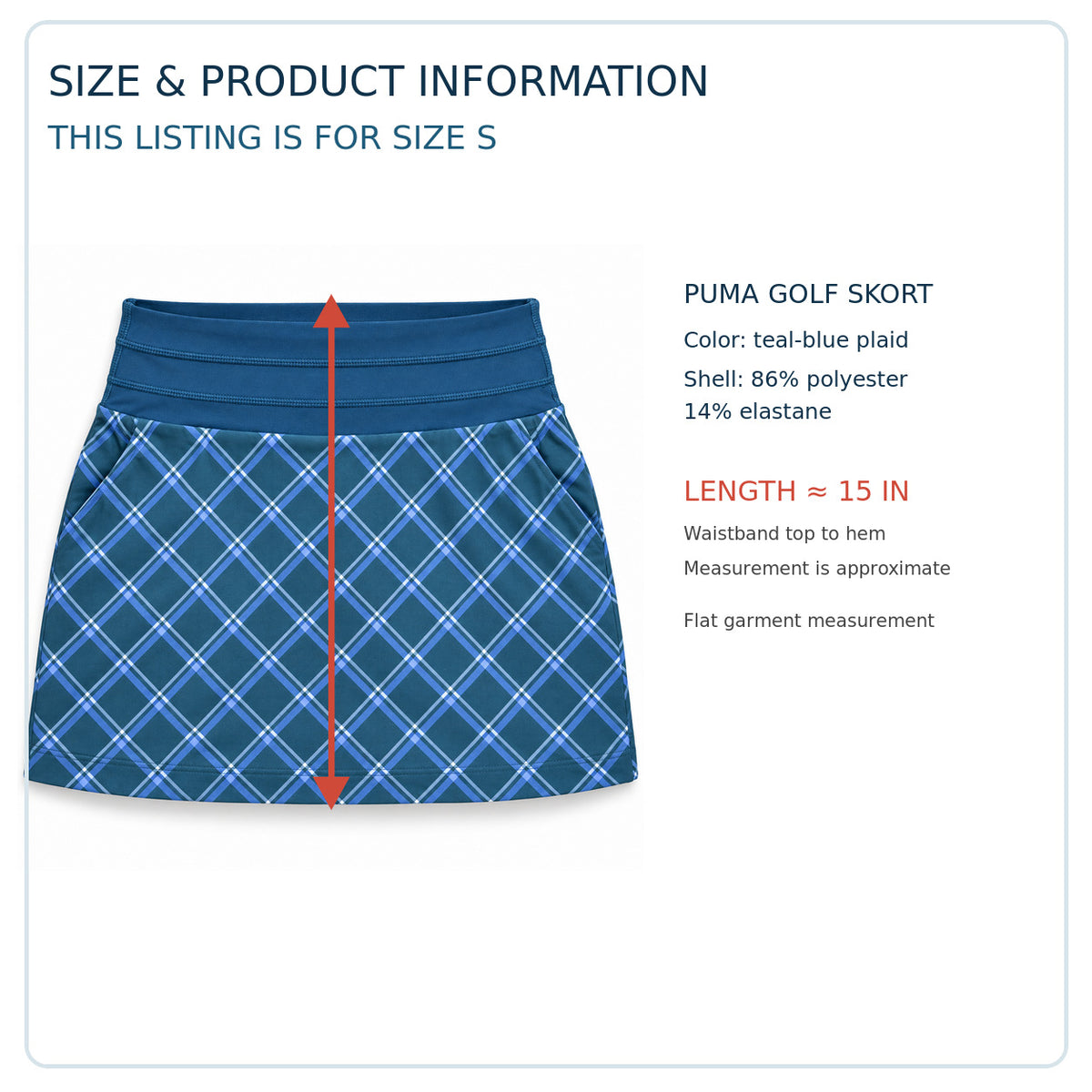 PUMA plaid golf skort size S product information with approximate 15 inch length