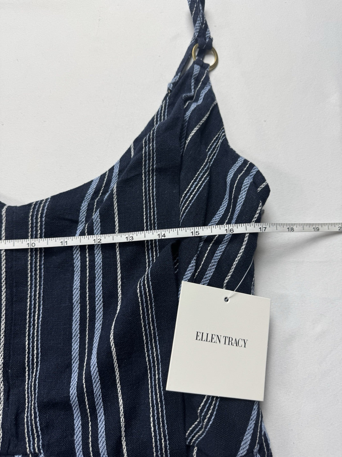 $129 Ellen Tracy Tie Front Linen Dress Navy White Stripe Sz L. (B.43)