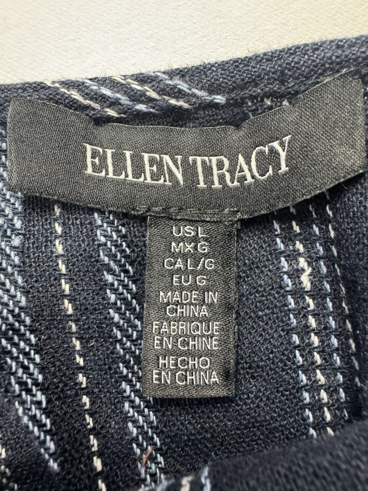 $129 Ellen Tracy Tie Front Linen Dress Navy White Stripe Sz L. (B.43)