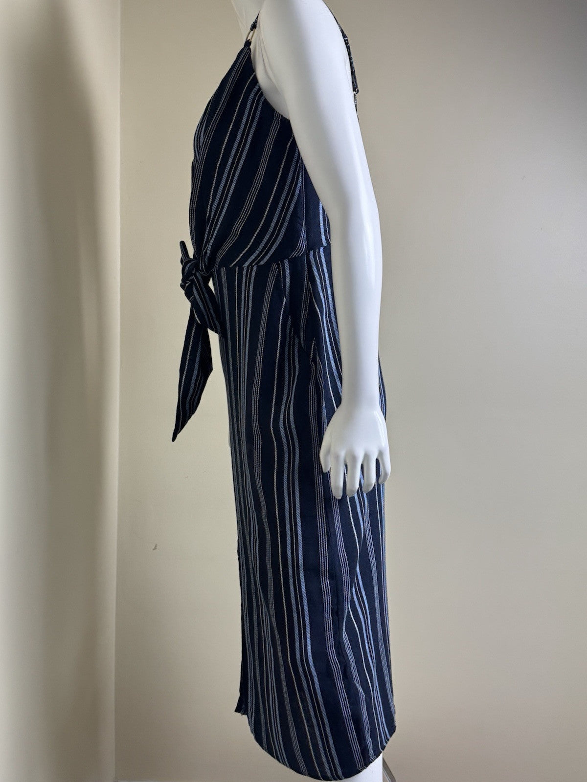 $129 Ellen Tracy Tie Front Linen Dress Navy White Stripe Sz L. (B.43)