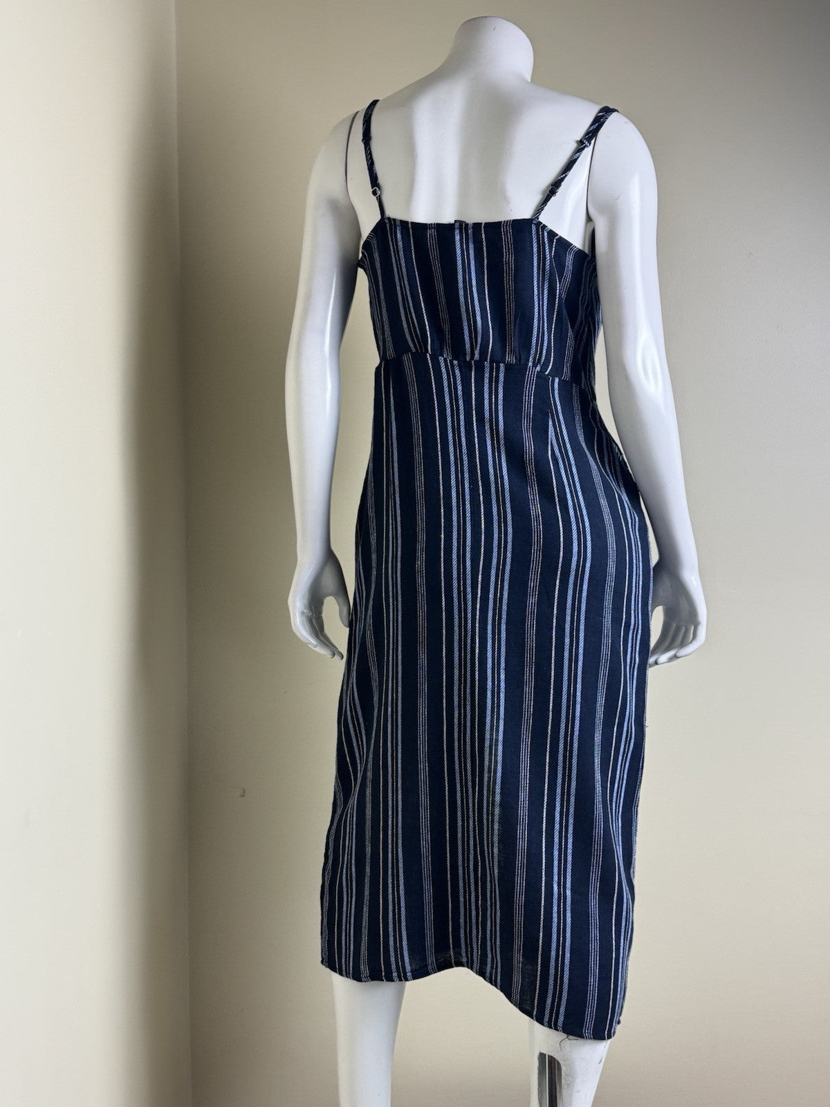 $129 Ellen Tracy Tie Front Linen Dress Navy White Stripe Sz S. (B.43)