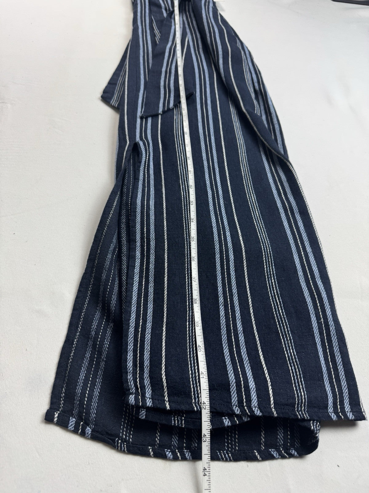 $129 Ellen Tracy Tie Front Linen Dress Navy White Stripe Sz L. (B.43)