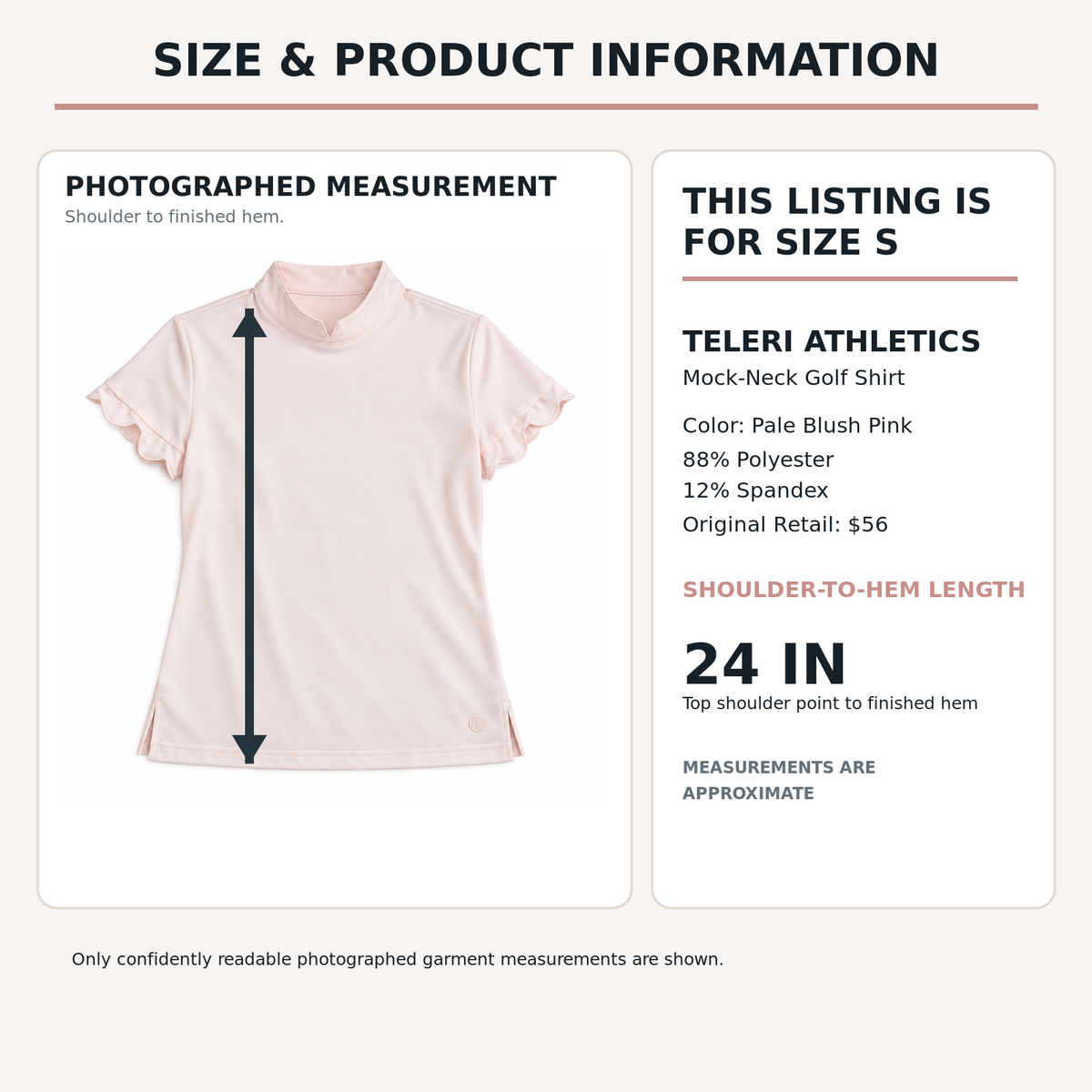 Teleri Athletics pink golf shirt size S product information and approximate 24 inch length