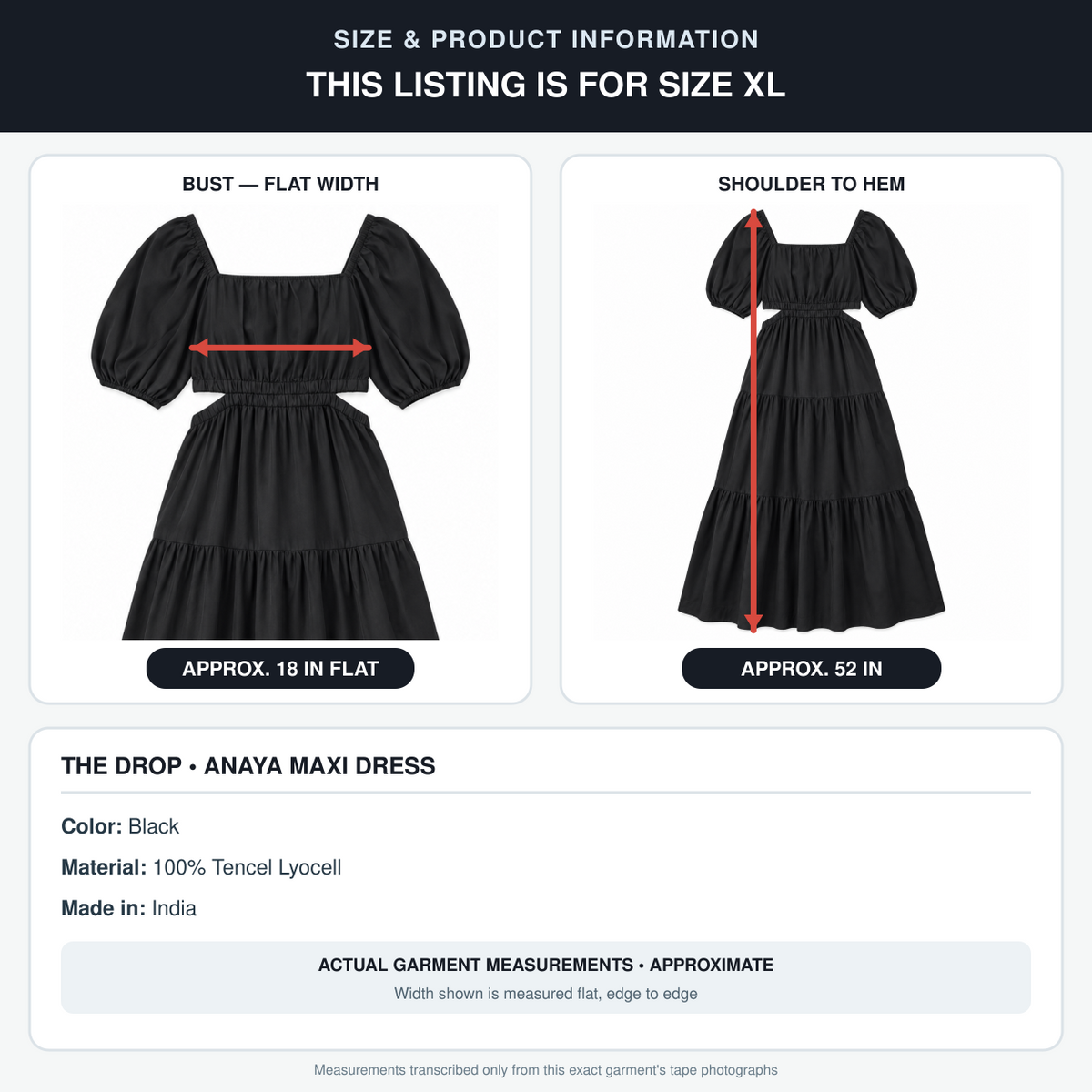 The Drop Anaya black maxi dress size XL information with approximate 18 inch flat bust and 52 inch length