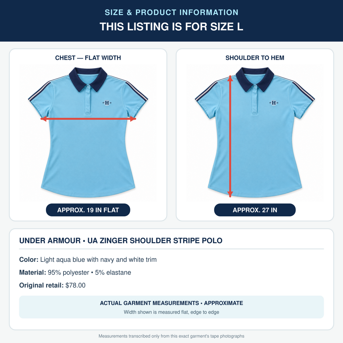 Under Armour women's polo size L product information with approximate 19 inch flat chest and 27 inch length