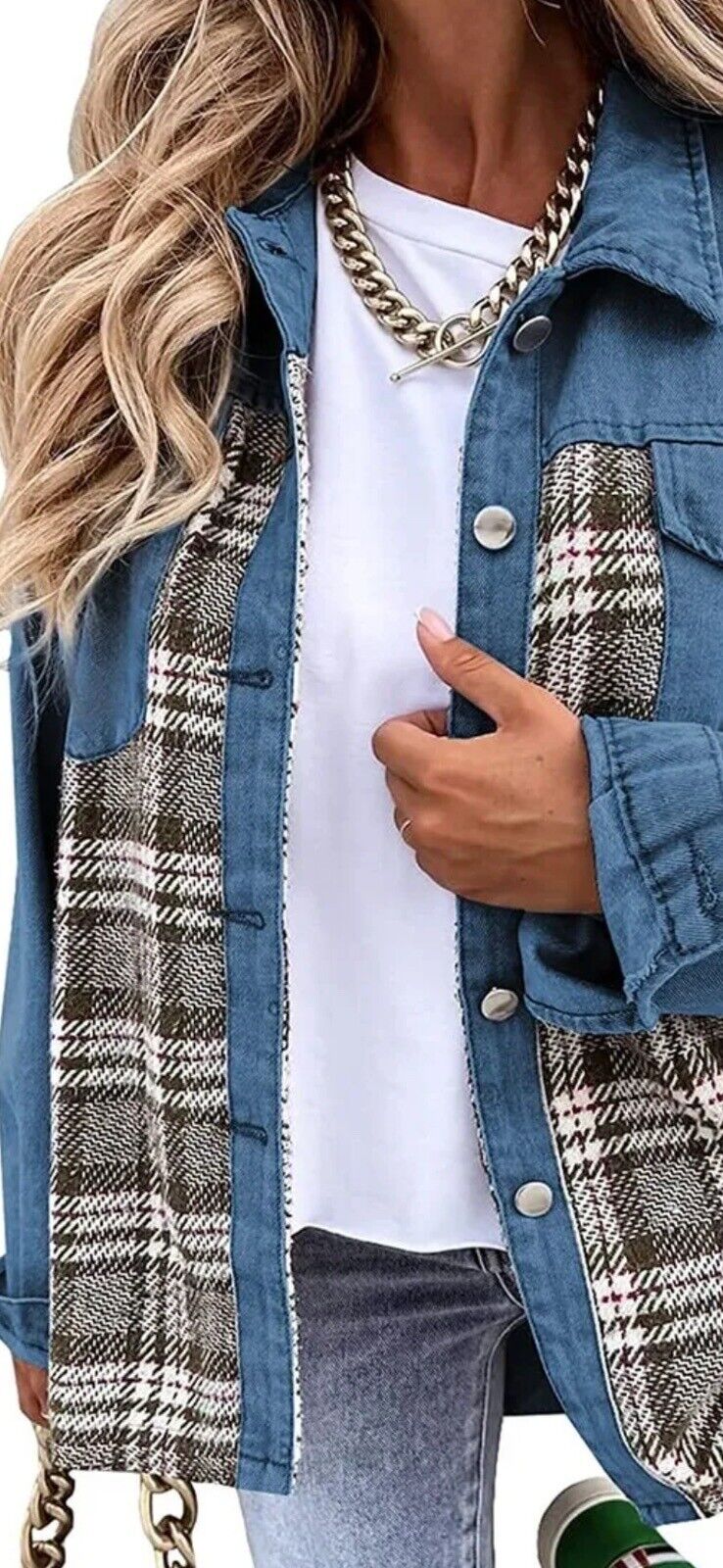 Women's Denim Jacket Long-sleeved Plaid Button-down Shirt Top Sz XL. (61)