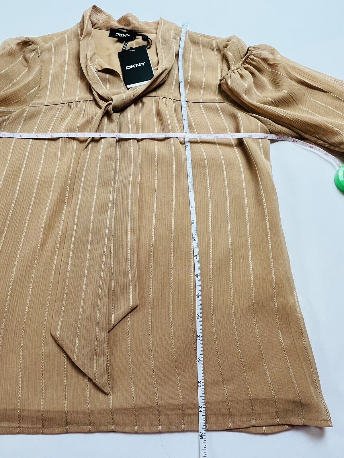 DKNY Women's Tan Top Shiny Tie-Neck Blouse Sz XS