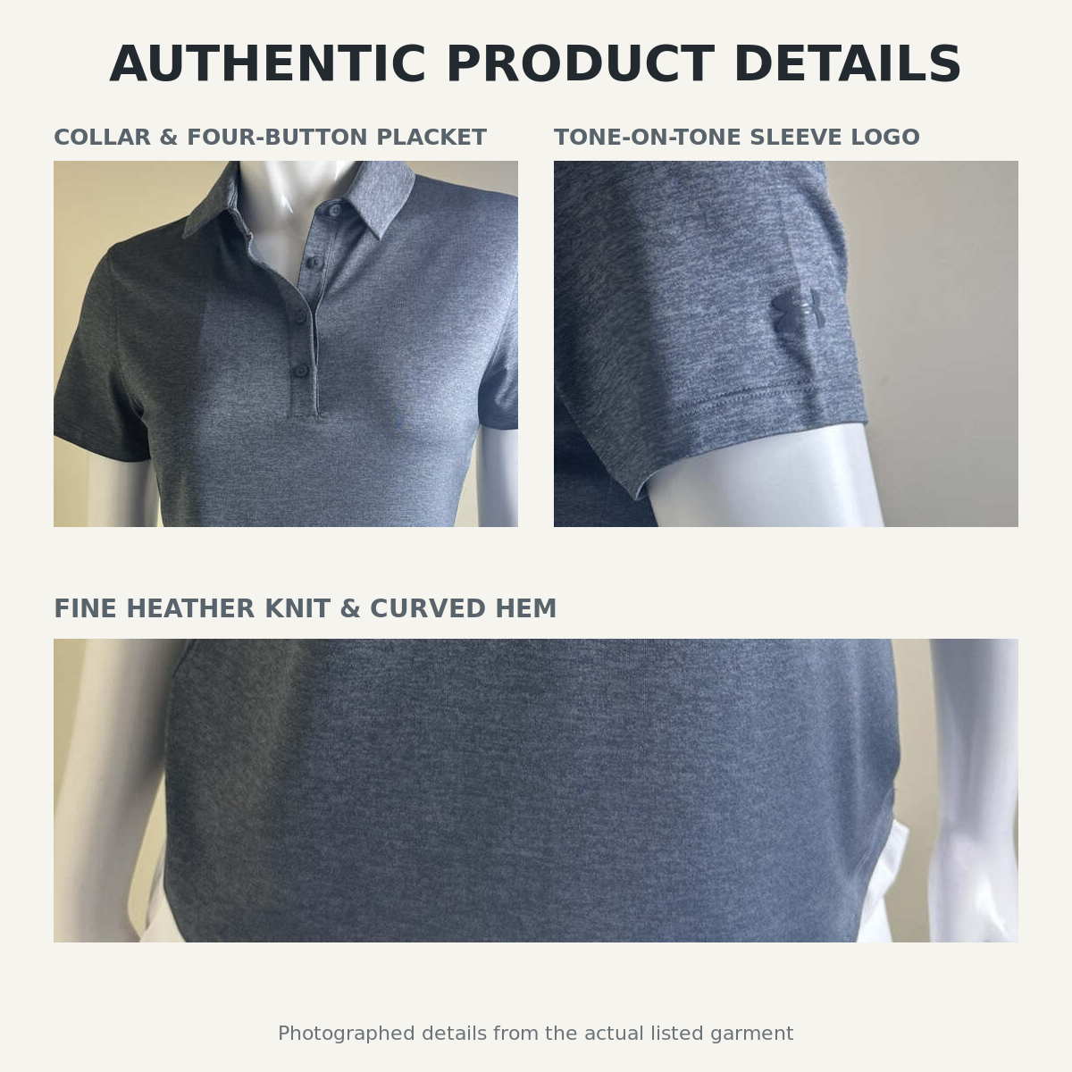 Under Armour pitch grey polo authentic collar placket sleeve logo and fabric details