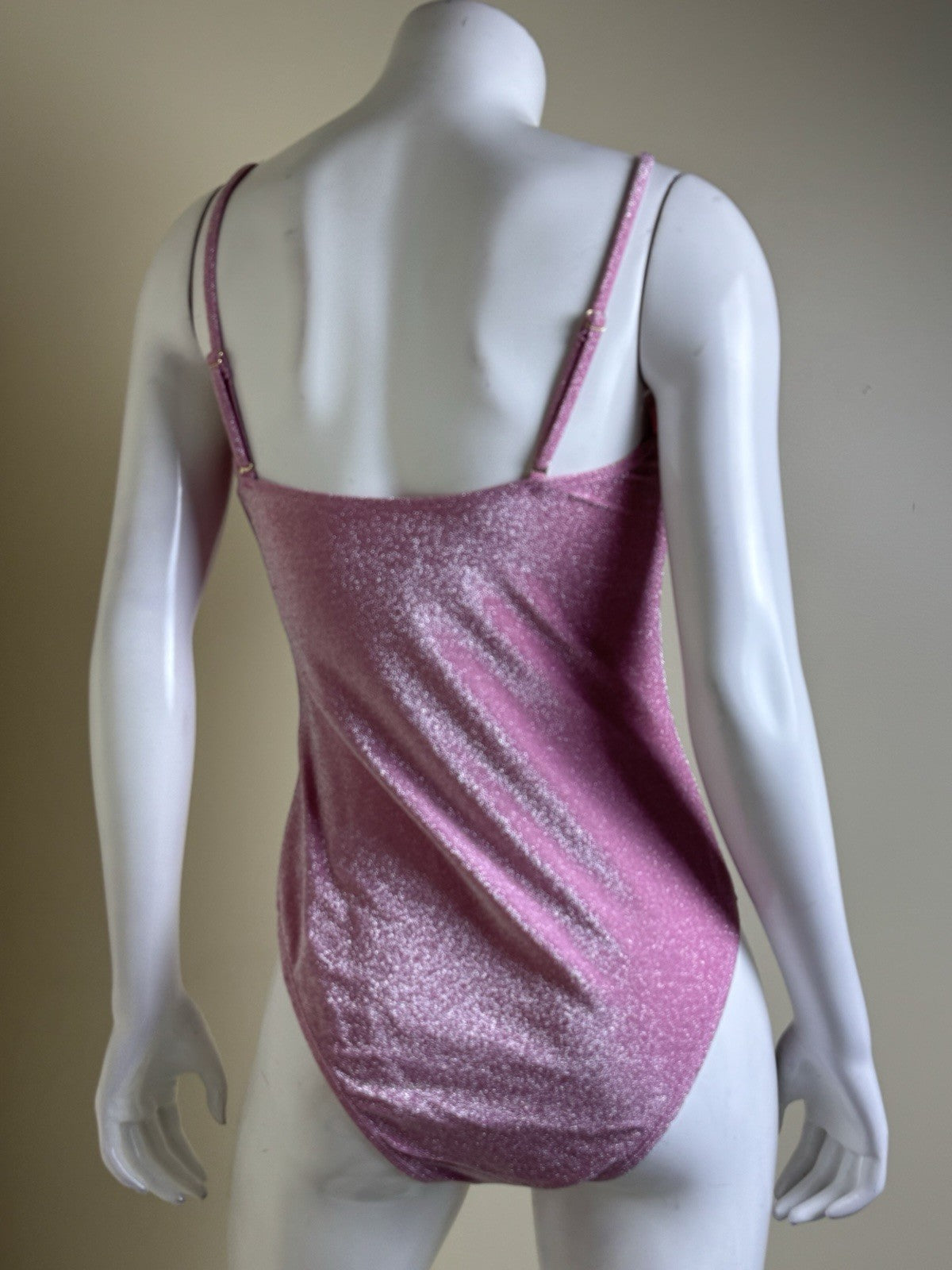 $128 BETSEY JOHNSON One Piece Pink Glittery Swimsuit Sz L. (B.150)