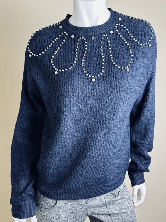NANETTE LEPORE Women’s Sweater Top Rhinestone Blue Sz M.    (B.61)