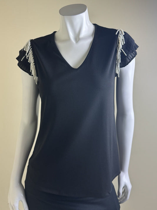 $69 Adrianna Papell Black Pearl Sleeves Blouse Sz M.   (B.143)
