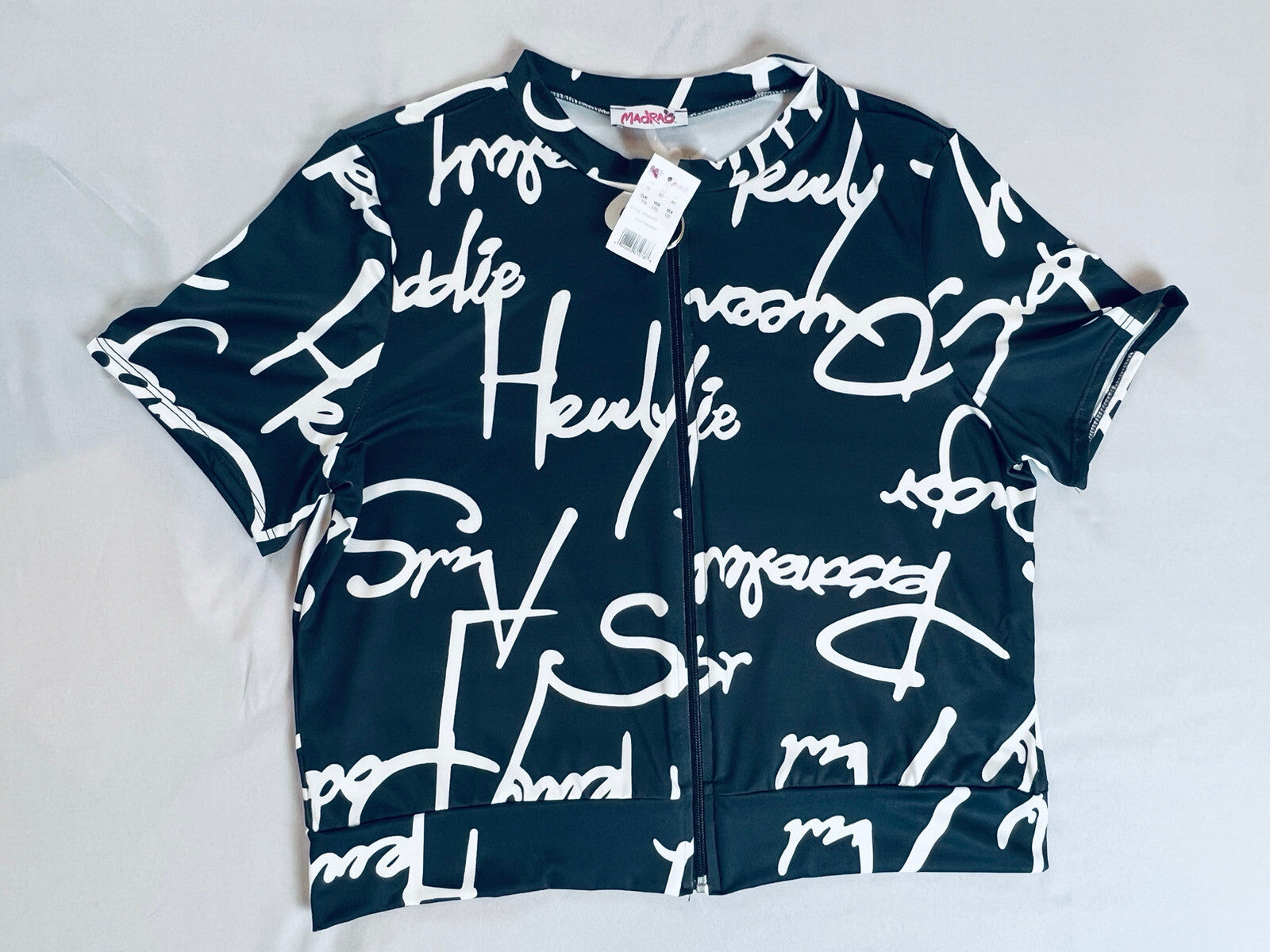 MadRag Women's 3XL Black White Letters Front Zipper Short Sleeve