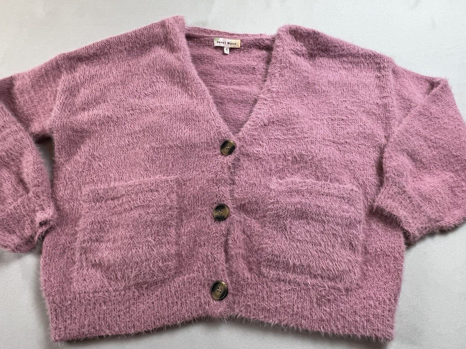 Hazel Moon Women’s 2pc Set Crop Top Cardigan Fuzzy Pink Sweater Sz M
