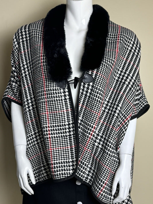 Jones NY Wrap Women's One Size Houndstooth Poncho with Black Faux Fur Collar