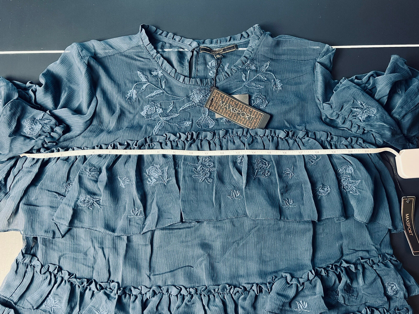 $228 Max Sport Women’s Navy Ruffle Blouse Top Sz XL  (B.16)