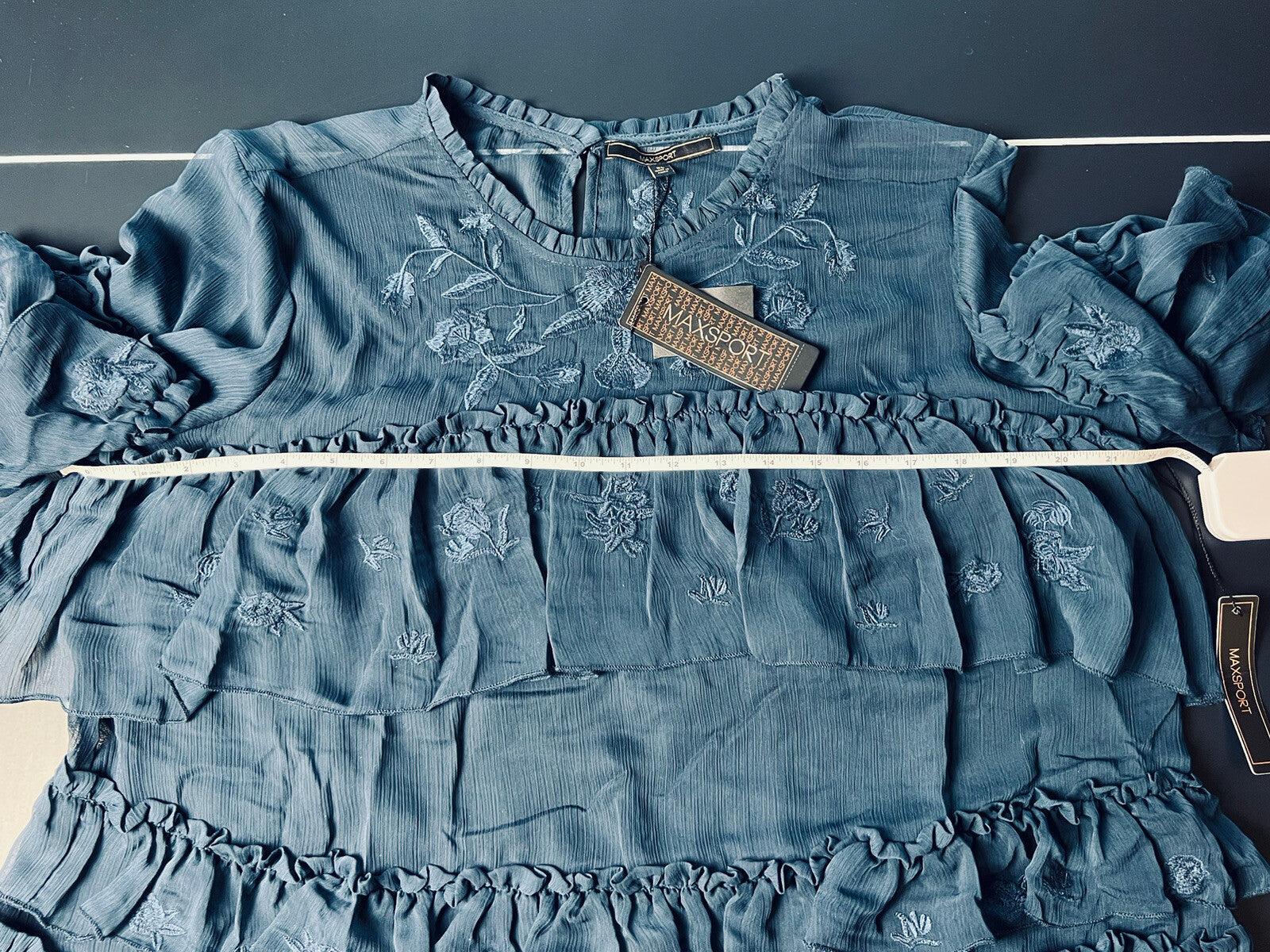 $228 Max Sport Women’s Navy Ruffle Blouse Top Sz XL  (B.16)
