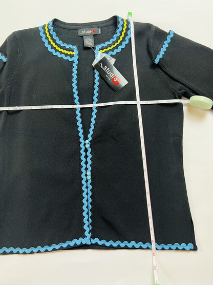 Studio G Women's Cardigan Black Blue Trim Sweater Sz Petite S Top