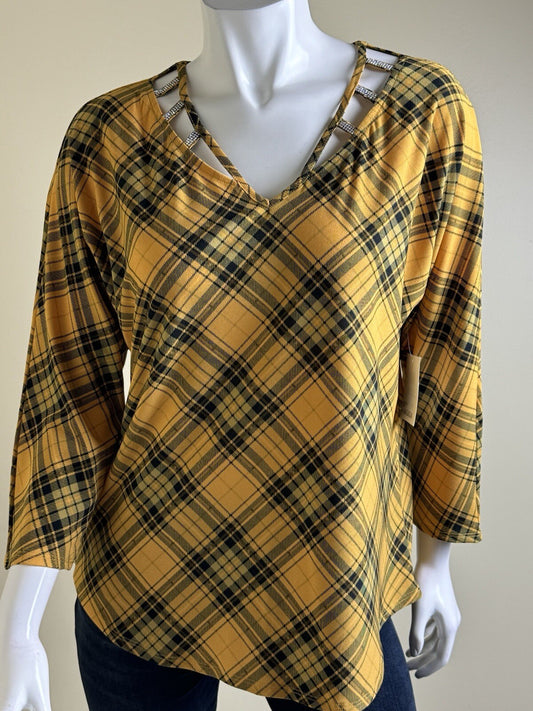 89th + Madison Women's Plaid Yellow Blouse Size L. (B.92)