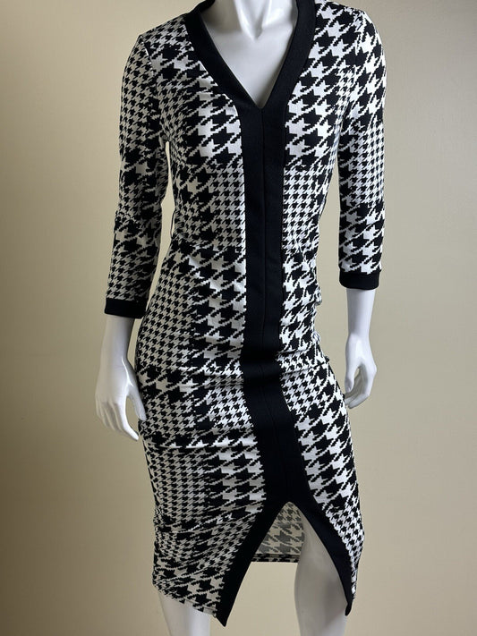 WDIRARA Women's Houndstooth Black White Long Sleeve Bodycon Dress Sz S  (B.98)