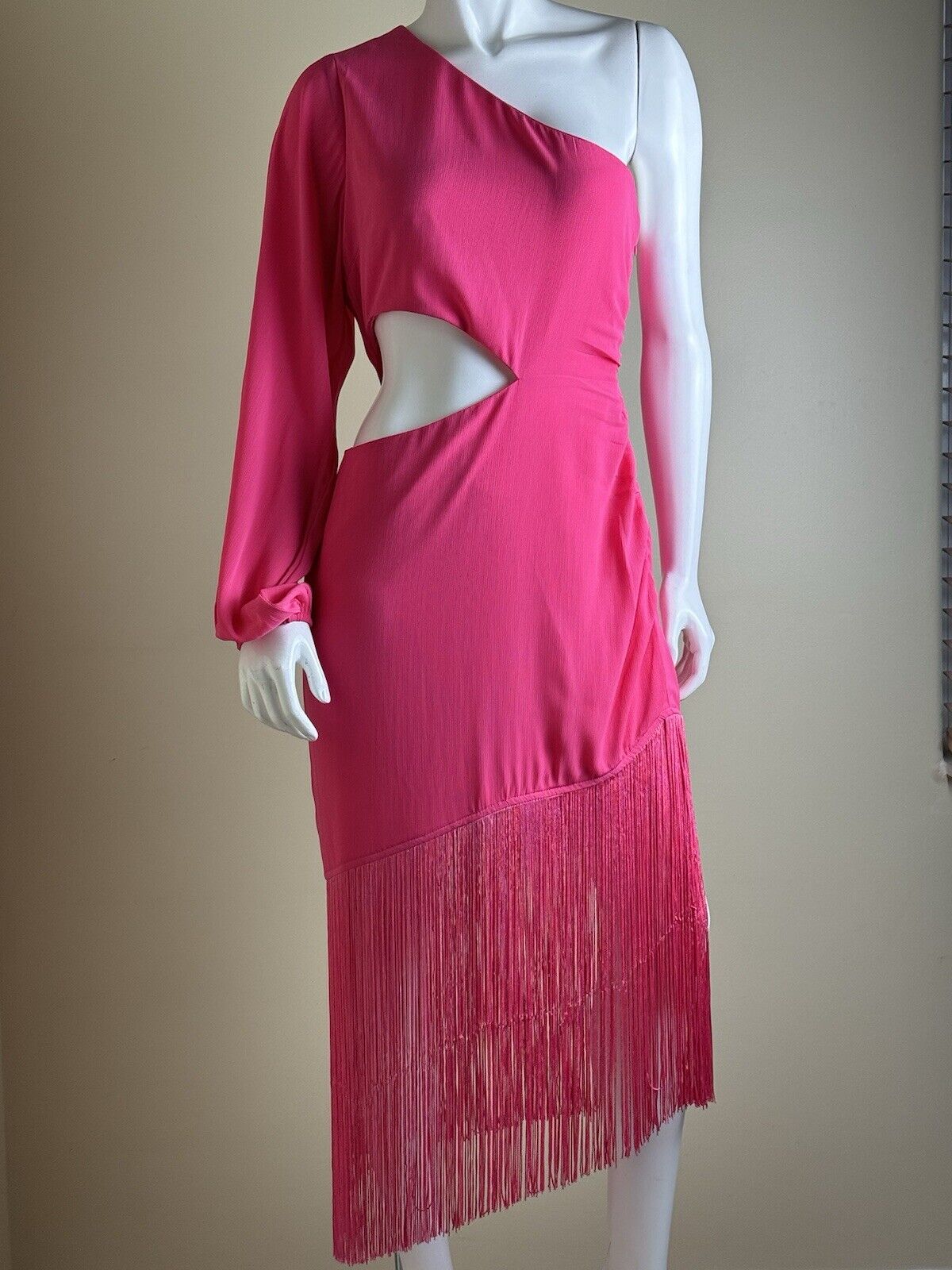 Vici Women’s One Shoulder Pink Dress w/Fringe Sz L.  (B.64)