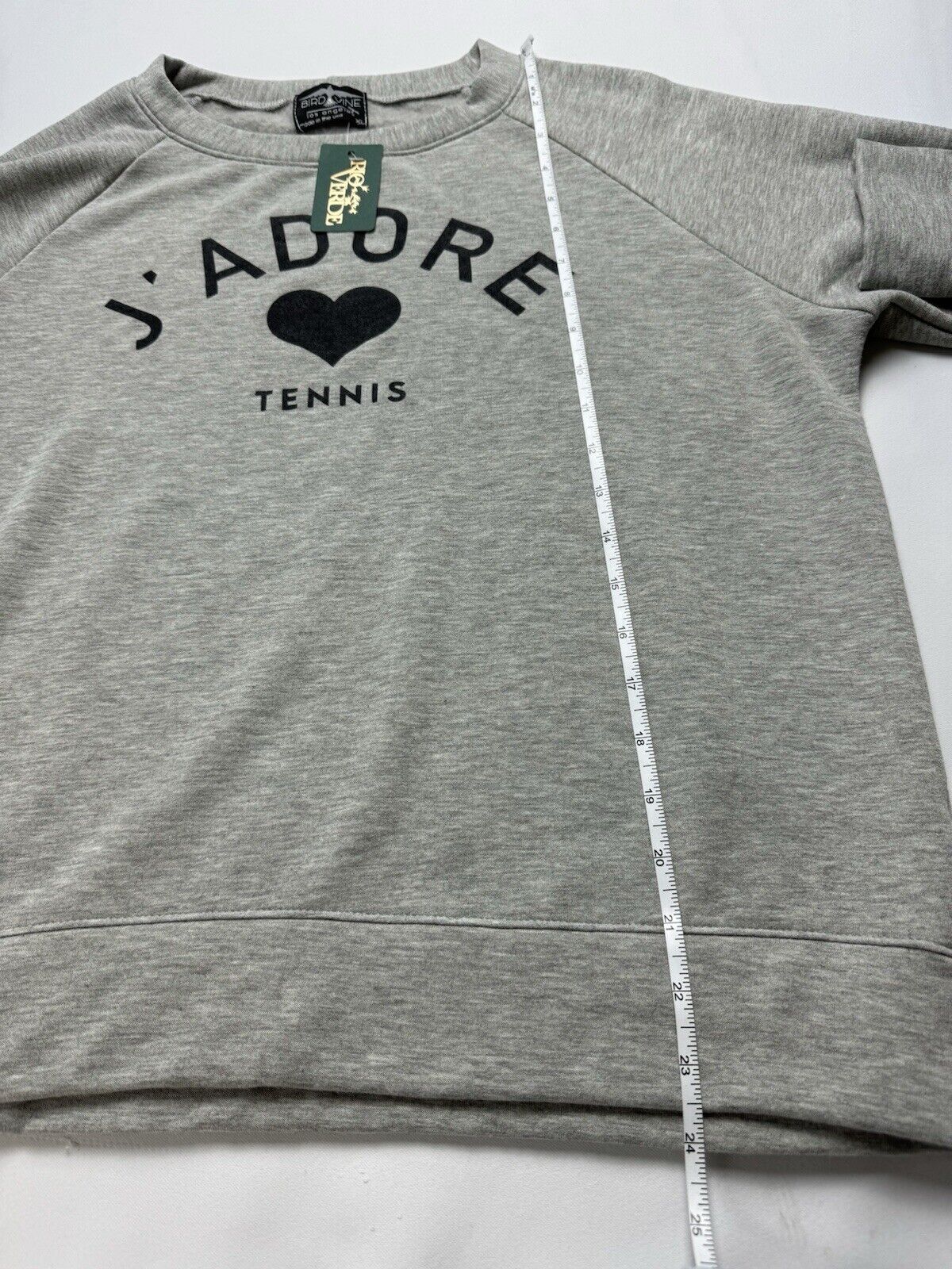 BIRD & VINE Los Angeles Women’s Sz XL Gray Logo J’Adore Tennis Sweater.  (B,89)