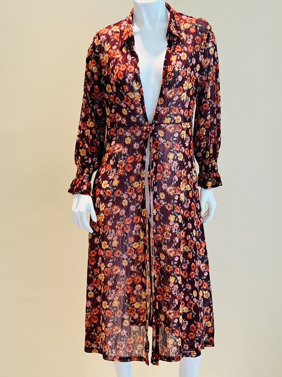 Ember Women’s Size M Floral Sheer Robe Cover-up Dress Long Sleeves