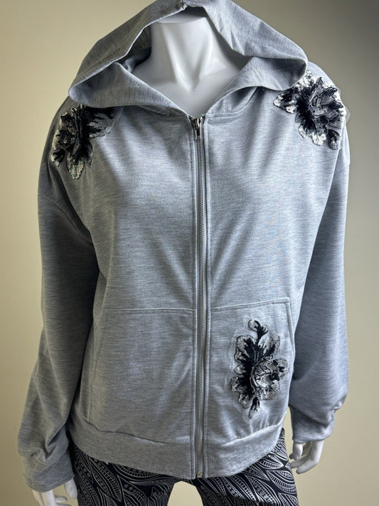 On Twelfth Women’s Gray Hooded Embroidered Flower Jacket SZ L.     (B.98)