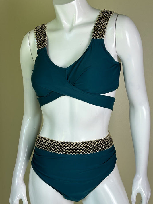 Eomenie Gold Sequins M Bikini 2Pc Swimsuit Waist Tie Tummy Control (51)