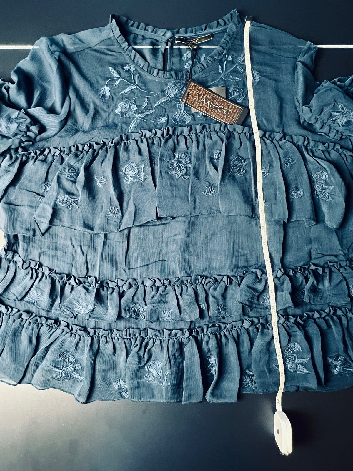 $228 Max Sport Women’s Navy Ruffle Blouse Top Sz XL  (B.16)