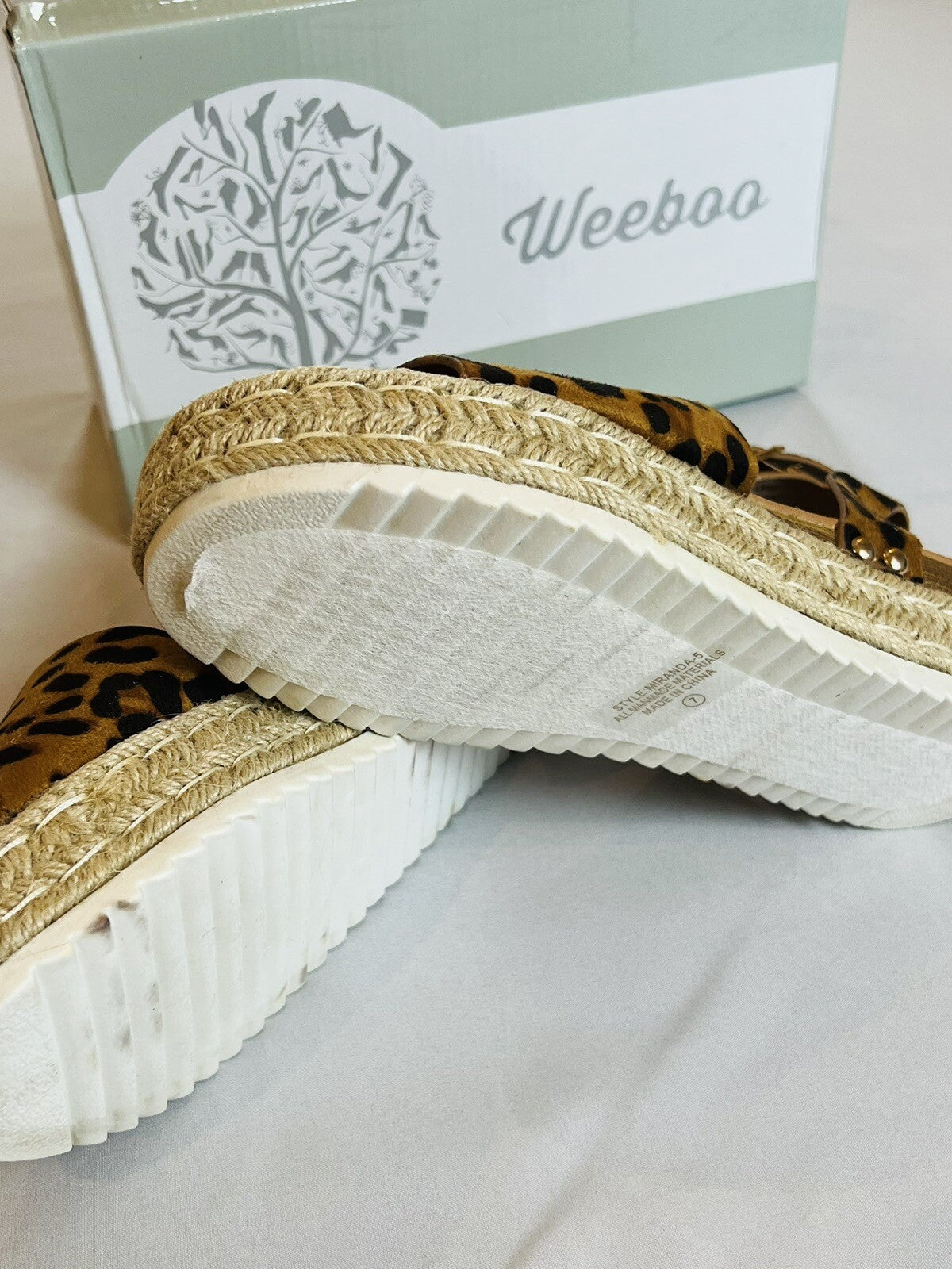 WEEBOO Leopard Ankle Strap Open Toe Platform Espadrille Wedge Sandals Sz 7