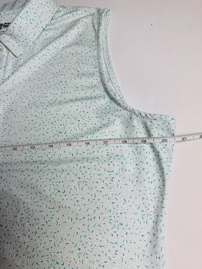 2 Putt abstract-print polo laid flat with tape across the chest