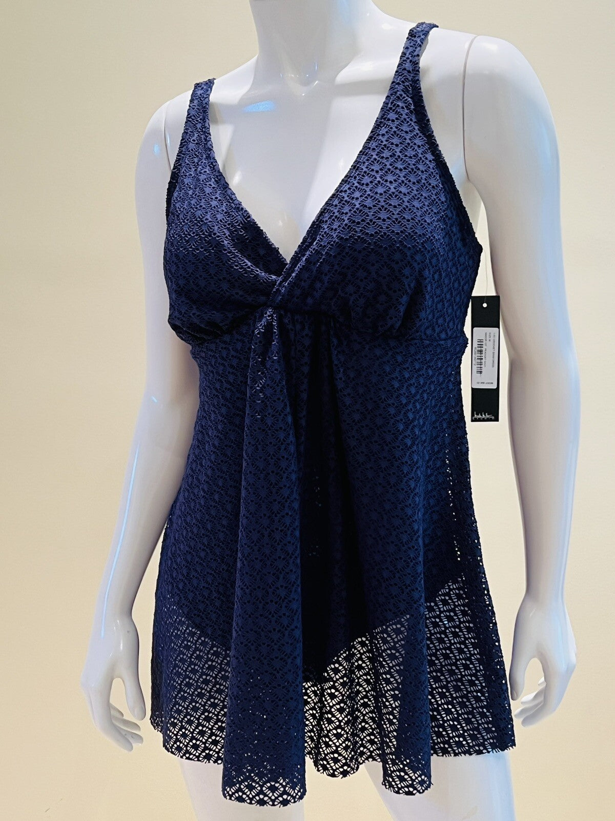 $98 Nicole Miller One Pc Swimsuit Navy Blue net Sz M swim dress Bathing suit